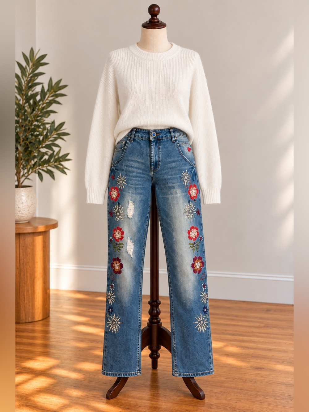 Desigual Embroidered Floral Jeans Size 26 Boho Y2K Artsy Maximalist Denim
